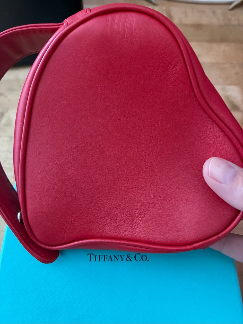 Tiffany & Co Elsa Peretti Red Leather Heart Mini Bag w Sterling, box and dustbag